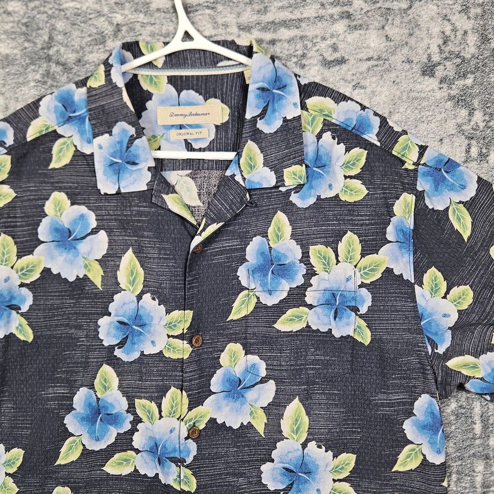 Tommy Bahama Shirt Mens XL Blue Silk Button Up Original Fit Hawaiian Floral